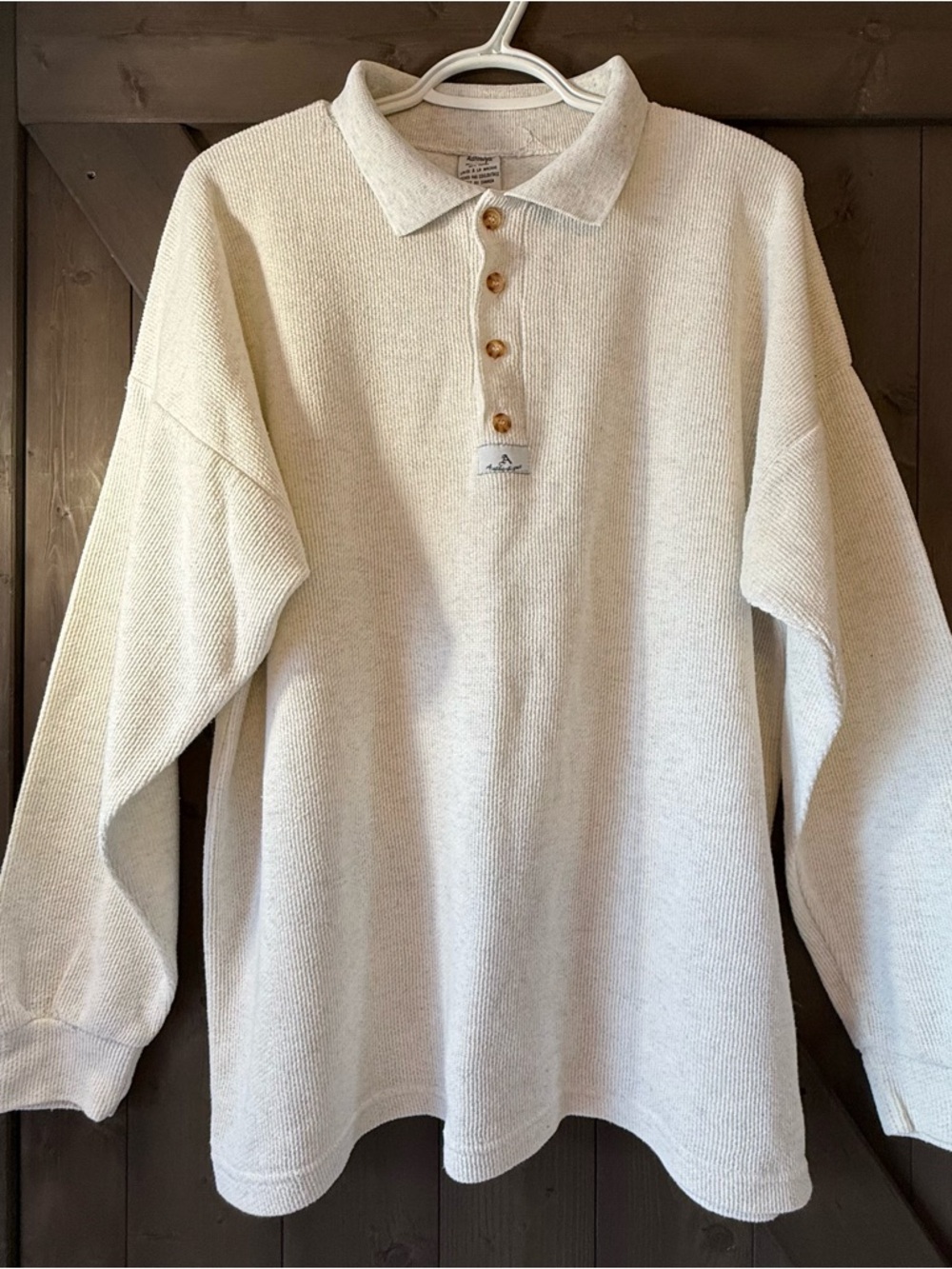 🇨🇦 Men's Cream Long-Sleeve Knit Polo with Button Placket
